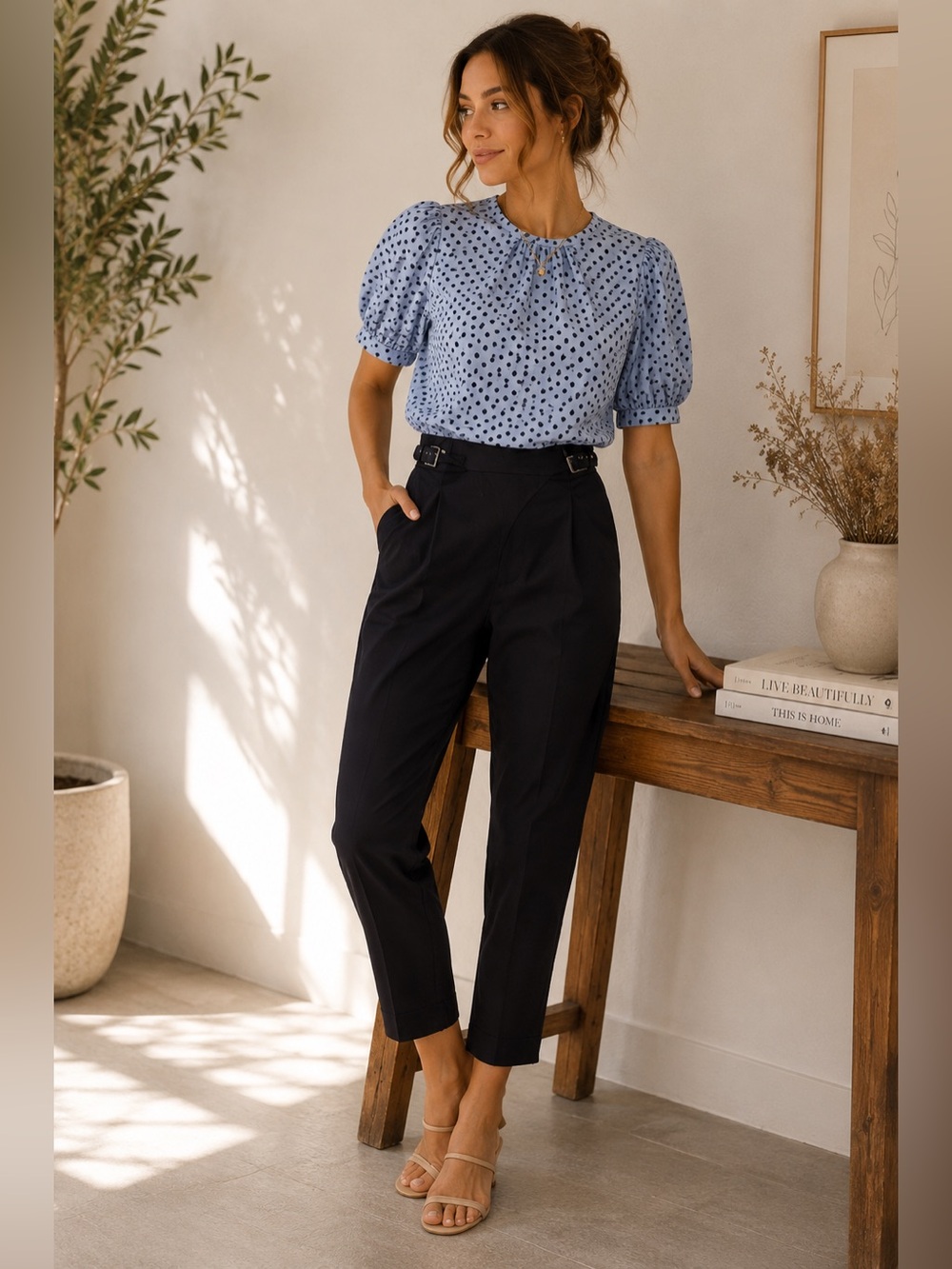 Ted Baker Alaiina Navy Blue Front Double Buckle‎ Pleated Tapered Trouser Pants